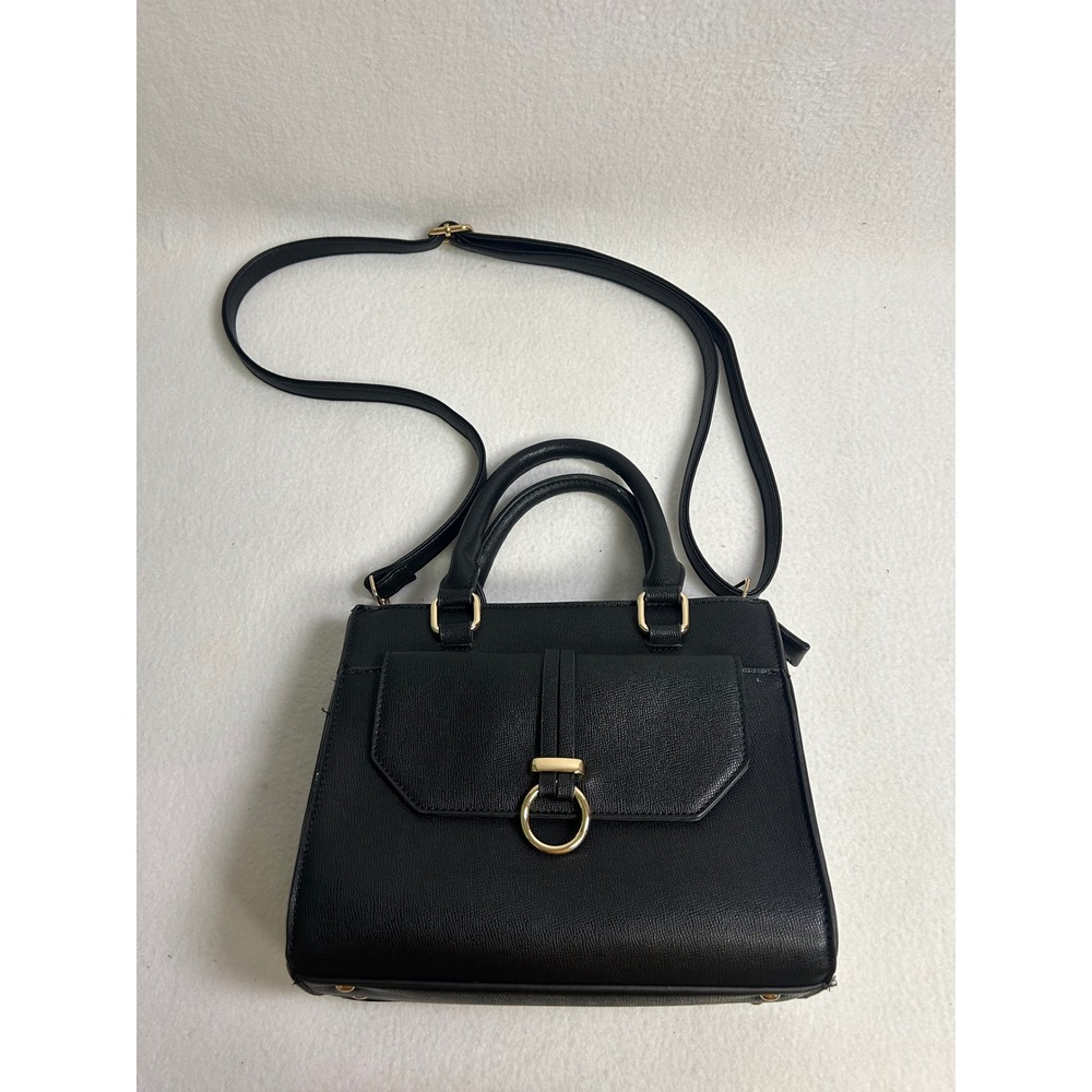 Professional Chic Womens Medium Black Faux Leather Satchel Bag Office Minimalist